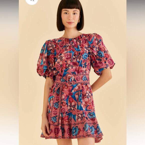 Farm Rio Blush Floral Birds Mini Dress - Picture 1 of 7